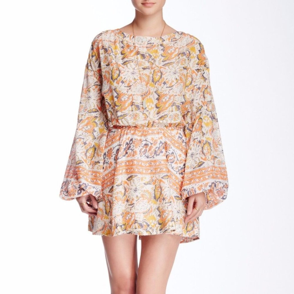 FREE PEOPLE Boho Festival Cut Away Silver Sun Print Dress Size Medium